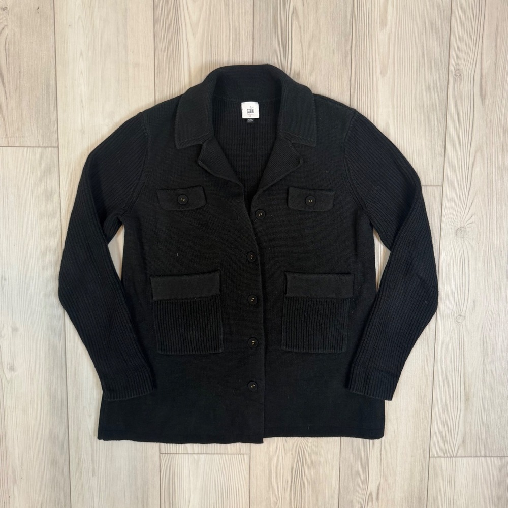 Cabi Jackie Cardigan Sweater Black Cotton Knit Button Front Utility Style 6174